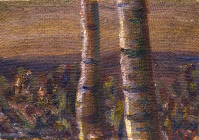 Иванов Игорь. Назия (Две березы). 1981 г. Холст на картоне, масло, 16х22 см. Работа в хорошем 