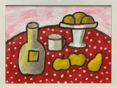 Колобова Елена. Натюрморт с бутылкой. 2018 г. Картон, масло. 30х40 см. Работа в хорошем 