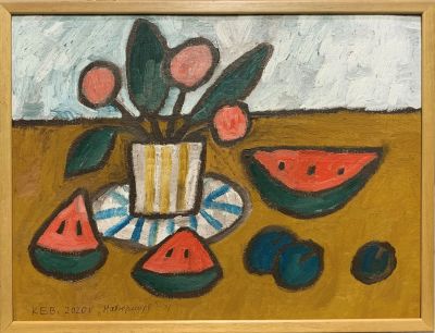 Колобова Елена. Натюрморт с арбузом 2020 г. Картон, масло. 30х40 см. Работа в хорошем состоянии 