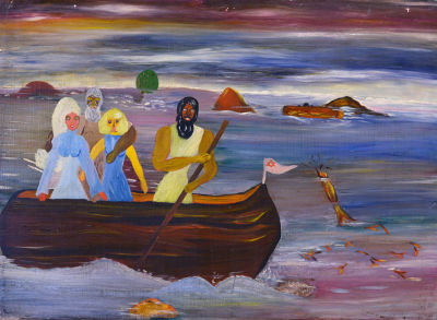 Тихомирова Ирина, Клеверов Валерий. В лодке. 1970-е гг. фанера, масло, 41,5х57 см. Работа в 