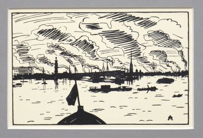 Остроумова-Лебедева Анна. Петроград. Постройка Дворцового моста. Бумага, цинкография. 11,1х17 