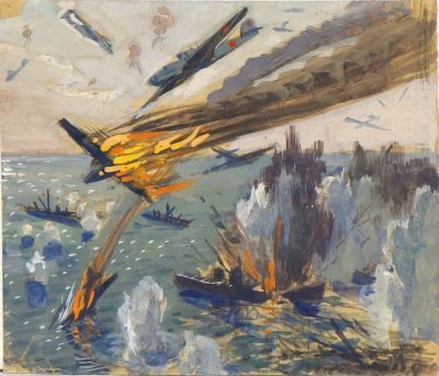 Тамби Владимир (?). Морской бой.
1940-е гг. Бумага, темпера, 14,1х16,5 см (размер листа). Работа 