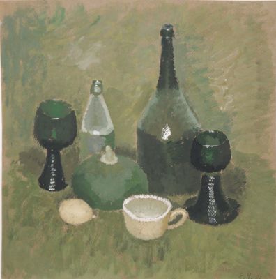 Чебакова Елена. Зеленый натюрморт. 1992 г., бум., гуашь, 41,5х40,6 см. Работа в хорошем 