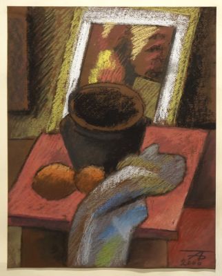 Батурин Александр. Натюрморт с пейзажем. 1999 г., бумага, пастель, 40,5х32,5 см. Работа в 