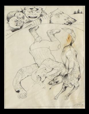 Шемякин Михаил. В лагере. 1983 г. Бумага калька, тушь, перо, 28,6х20,5 см (в свету). Работа в 