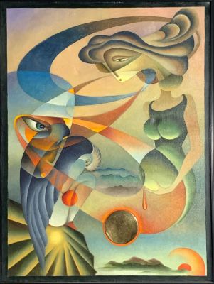 Леонов Александр. Рождение Солнца.
1997 г. Холст, масло, металлизированная пленка, 80х60 см. Рабо 