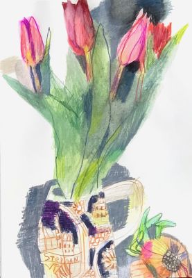 Роон Ирина. Тюльпаны и лук. 2021 г. 
Бумага, см. тех., 29,7х20,9 см. Работа в хорошем состоянии 