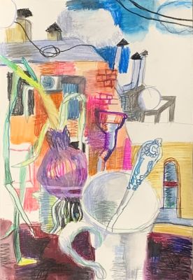 Роон Ирина. Натюрморт с видом из окна.
2021 г. Бумага, см. тех., 29,7х20,9 см. Работа в хорошем 