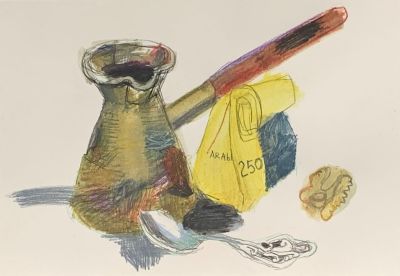 Роон Ирина. Натюрморт с кофе.
2022 г. 
Бумага, см. тех., 21х29,7 см. Работа в хорошем состоянии 