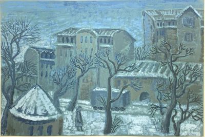 Чебакова Елена. Васильевский остров зимой. 
1990 г. 
Бумага тонированная, гуашь, 50х74 см. Рабо 