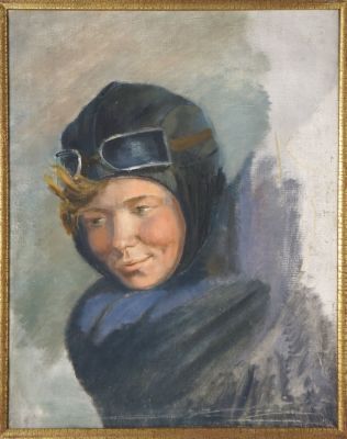 Прошкин Виктор. Эскиз головы парашютистки к картине &laquo;Парашютистка&raquo;. 1936 г. Холст, масло. 59х47 см.