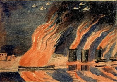 Тырса Николай. Иллюстрация (Авианалет). 1930-е гг. Бумага, акварель, карандаш, 12,3х20,1 см. Раб 