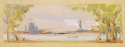 Белаковская Виктория. Панорама Невы. 1951 г. Бумага, акварель. 10х30 см. Работа в хорошем 