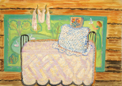 Глебова Татьяна. Кровать. 1950-е гг., картон, темпера, 35х50 см. Работа в хорошем состоянии. 