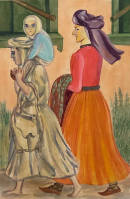 Глебова Татьяна. Чеченки. 1942-1944 гг. Бумага, акварель, 27,4х18,3 см. Работа в хорошем 