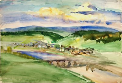 Курдов Валентин. Шексна, вид на мост. 1957 г. Бумага, акварель,43,5х63,5 см. Работа в хорошем 