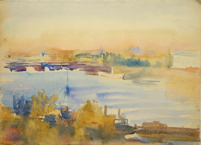 Белаковская Виктория. Пейзаж. 1946 г. Бумага, акварель. 32х44 см. Работа в хорошем состоянии 