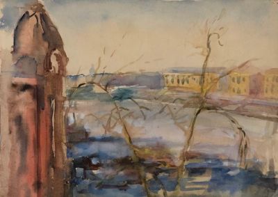 Белаковская Виктория. Вид на Неву. 1940-е гг. Бумага, акварель. 32,3х44 см. Работа в хорошем 