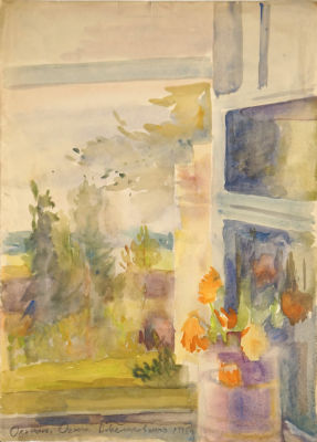 Белаковская Виктория. Ольгино. Окно. 1945 г. Бум., акварель, 44,5х32 см. Работа в хорошем 