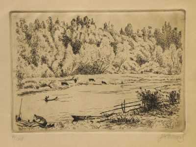 Воинов Всеволод. На реке. 1938 г. Бумага, офорт. 16,5х23,5 см (лист 24х33 см). Работа в хорошем 