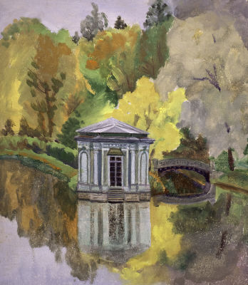 Глебова Татьяна. Гатчина. Пруд.
1950 г., картон, темпера, 32,6х28,2 см. Работа в хорошем 