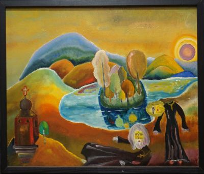 Тихомирова Ира, Клеверов Валерий. Обитель. 
1970-80-е гг.
Оргалит, масло. 47х40 см. Работа в 