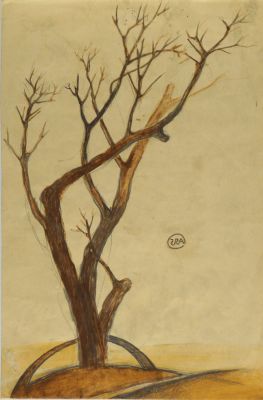 Арефьев Александр. Пейзаж с деревом. 1955 г. Бумага, акварель, карандаш. 25,5х16,8 см. Работа в 