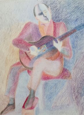Глебова Татьяна. Гитарист. 1960-е гг. Бумага, цветные карандаши. 48,2х40 см. Работа в хорошем 