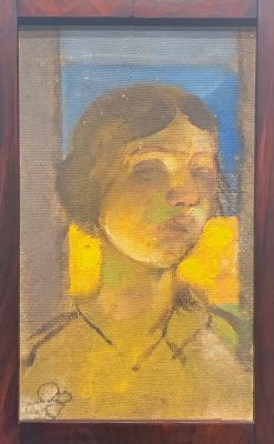 Яшке Владимир. Портрет (Зинаида). 1980-90-е гг., оргалит, масло, 31х18 см. Работа в хорошем 