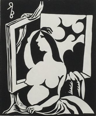 Яшке Владимир. Обнаженная у окна. 1962, линогравюра, лист 32х24 см. Название подпись и год 