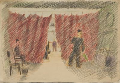 Титов Юрий. Кулисы (Серия &laquo;Цирк&raquo;). 1946 г. Бумага, цветные карандаши. 22,4х32 см. Работа в 