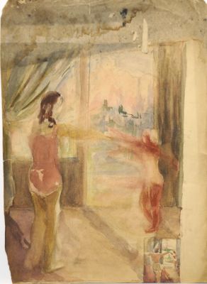 Белаковская Виктория. Утренняя зарядка. Эскиз. 1940 г. Бумага, акварель, 42х30 см. Работа в 