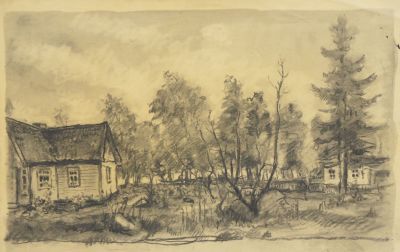 Великанова Регина. Пейзаж. 1938 г. Бумага, уголь. 34х45,5 см. Работа в хорошем состоянии 