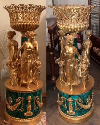 Антикварные парные фруктовницы в стиле Ампир, золоченная бронза, уральский малахит. Размеры: 99 