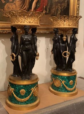 Антикварные парные фруктовницы в стиле Ампир, золоченная бронза, патинированная бронза 