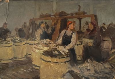 Кацеблин Алексей. Этюд картины &laquo;Рыбный цех&raquo;. (На обороте – пейзаж).
1930-е гг.
Картон, масло 