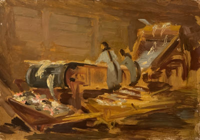 Кацеблин Алексей. Этюд картины &laquo;Рыбный цех&raquo;. 1930-е гг.
Картон, масло, 25х35,3 см. Работа в 