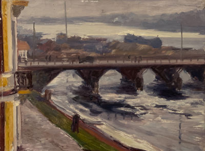 Кацеблин Алексей. Пейзаж с мостом (Малая Невка?).
1930-40-е гг.
Картон, масло., 25,3х33,8 см. Раб 