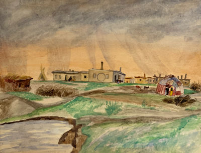 Глебова Татьяна. Яны Курган.
1942-45 гг.
Бумага, акварель, 32,7х41,2 см. Работа в хорошем 