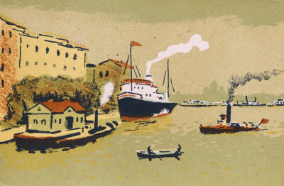 Ведерников Александр. Набережная. 1962 г. Бумага, цв.литография, 10х15 см. Работа в хорошем 