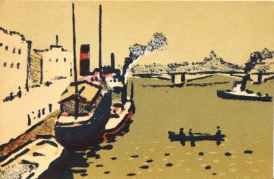 Ведерников Александр. У причала. 1962 г. Бумага, цв.литография, 10х15 см. Работа в хорошем 