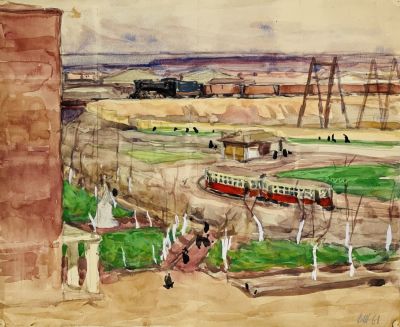 Жуков Владимир. Городская окраина.
1961 г.
Бумага, акварель, белила, карандаш, 34,3х41,8 см. Рабо 