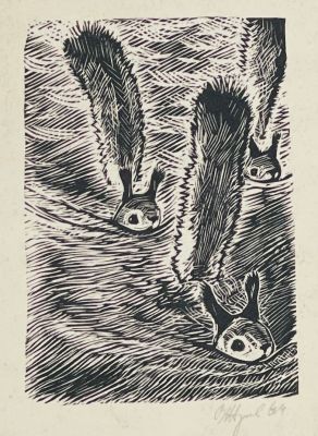 Жуков Владимир. Белки плывут.
1964 г.
Бумага, линогравюра, 29,8х22,3 см. Работа в хорошем 