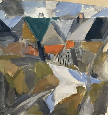 Жуков Владимир. Деревенский пейзаж.
1974 г.
Бумага, темпера, 40х38 см. Работа в хорошем 