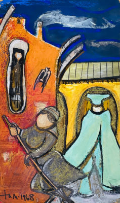 Медведев Юрий. Дворничиха и солдат &laquo;оцепления&raquo;.
1968 г.
Картон, см.тех., 43,5х26 см. Работа в 