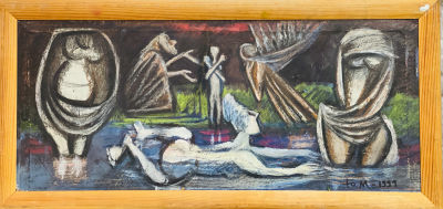 Медведев Юрий. Болотные купальщицы.
1991 г.
Оргалит, см.тех., 35х80 см. Работа в хорошем 