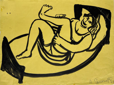 Раппопорт Алек. Лежащая обнаженная. 1967 г. Цв. бумага, тушь. 36х49 см (размер листа). Работа в 