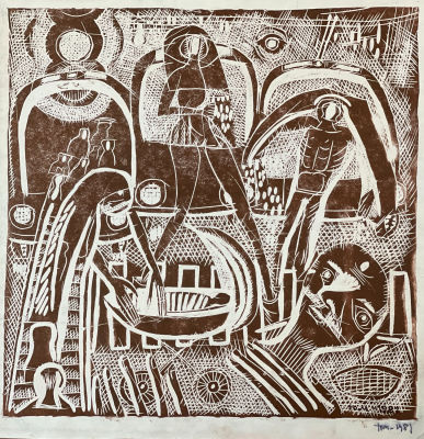 Медведев Юрий. Коляска.
1981 г., отпечатано художником Васми Р.
Бумага, линогравюра, 45,3х43 см. 