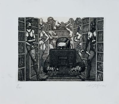 Гавричков Михаил. Как вернуть читателя в библиотеку.
2011 г. Бумага, офорт, 27,9х32,1 см. Работа 