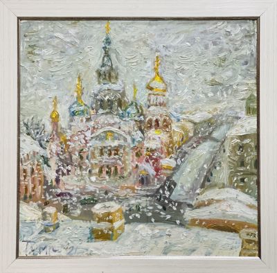 Тихомиров Виктор. Зима пришла.
2021 г. 
картон, масло, 45х45,5 см. Работа в хорошем состоянии 